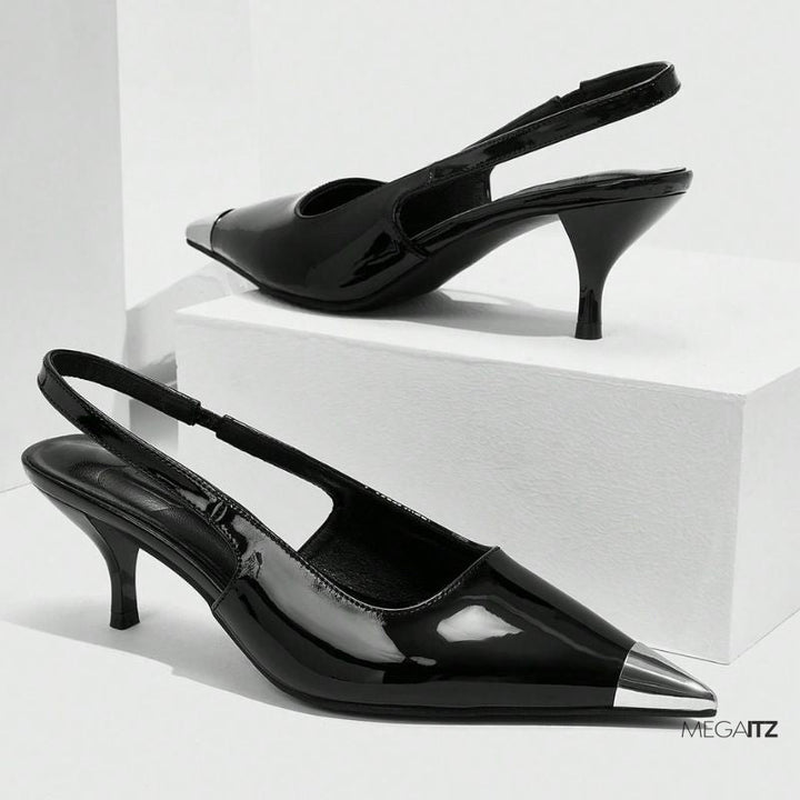 Megaitz - Scarpin Preto Verniz Slingback Salto Médio Roger