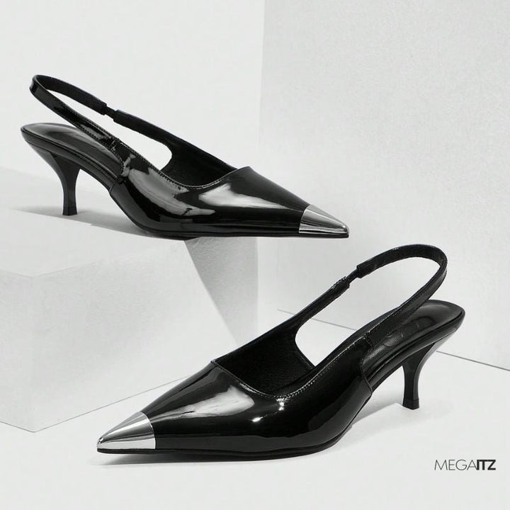 Megaitz - Scarpin Preto Verniz Slingback Salto Médio Roger